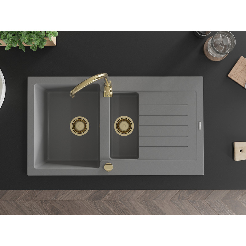 Mexen Matias granite sink 1.5-bowl with drainer 900 x 505 mm, gray, gold siphon - 6502901505-71-G