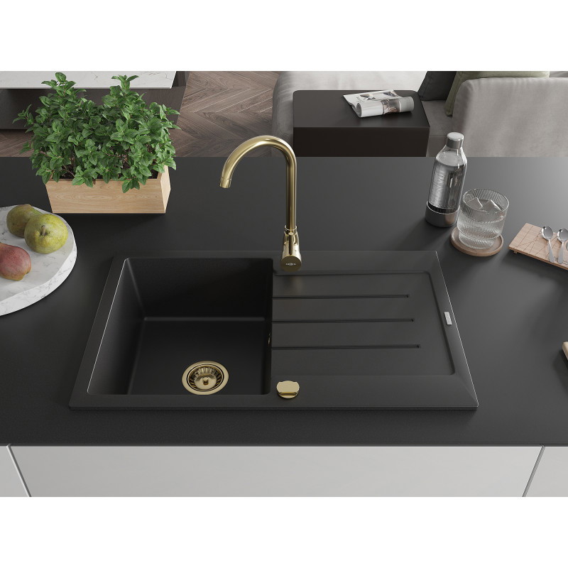 Mexen Bruno granite sink 1-bowl with drainer 795 x 495 mm, black, gold siphon - 6513791010-77-G