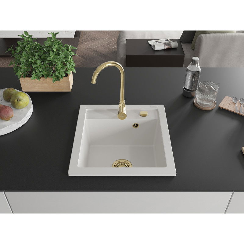 Mexen Vito Granite Sink 1-Bowl 520 x 490 mm, White, Gold Siphon - 6503521000-20-G