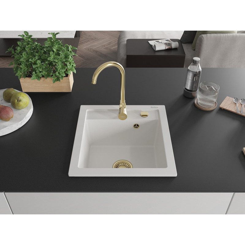 Mexen Vito granite sink 1-bowl 520 x 490 mm, white, golden siphon - 6503521000-20-G