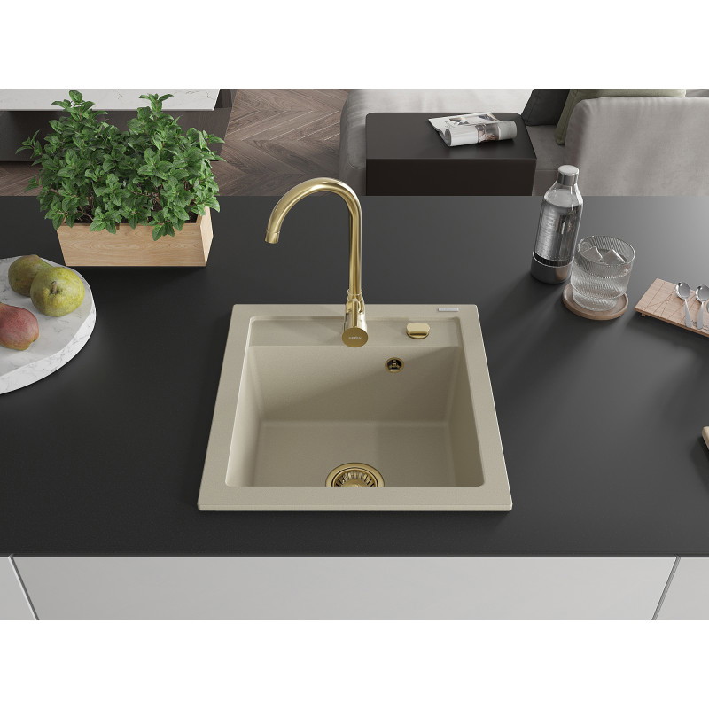 Mexen Vito granite sink 1-bowl 520 x 490 mm, beige, gold siphon - 6503521000-69-G