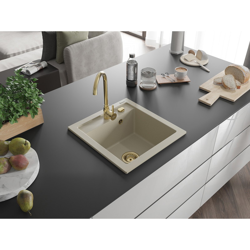 Mexen Vito granite sink 1-bowl 520 x 490 mm, beige, gold siphon - 6503521000-69-G