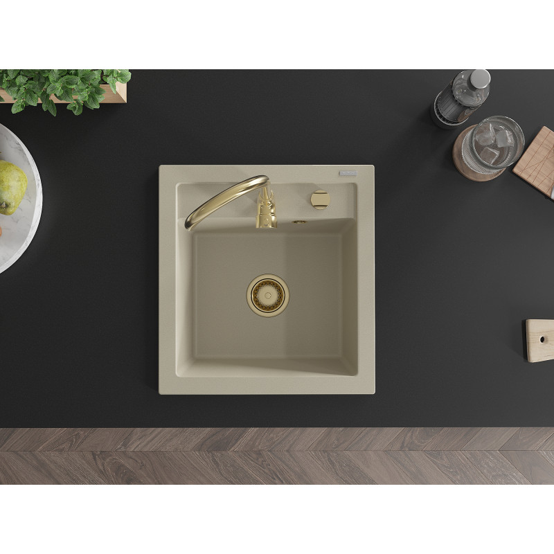 Mexen Vito granite sink 1-bowl 520 x 490 mm, beige, gold siphon - 6503521000-69-G