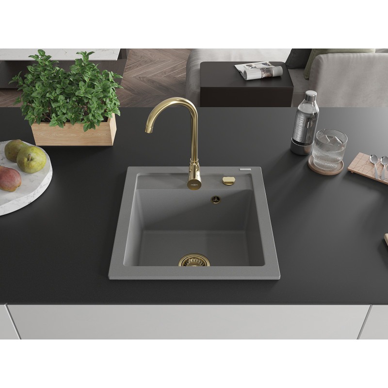 Mexen Vito granit kitchen sink 1-bowl 520 x 490 mm, gray, gold siphon - 6503521000-71-G
