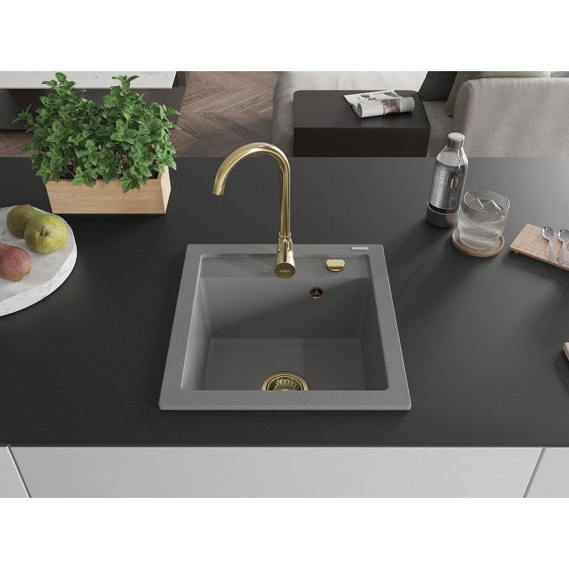Mexen Vito granite sink 1-bowl 520 x 490 mm, grey, gold siphon - 6503521000-71-G