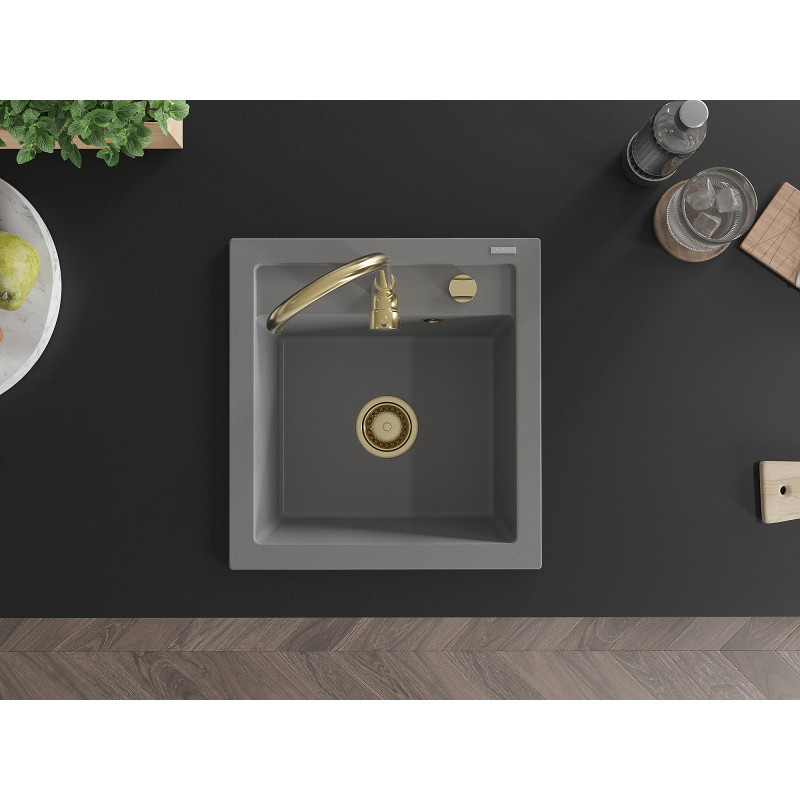Mexen Vito granit kitchen sink 1-bowl 520 x 490 mm, gray, gold siphon - 6503521000-71-G