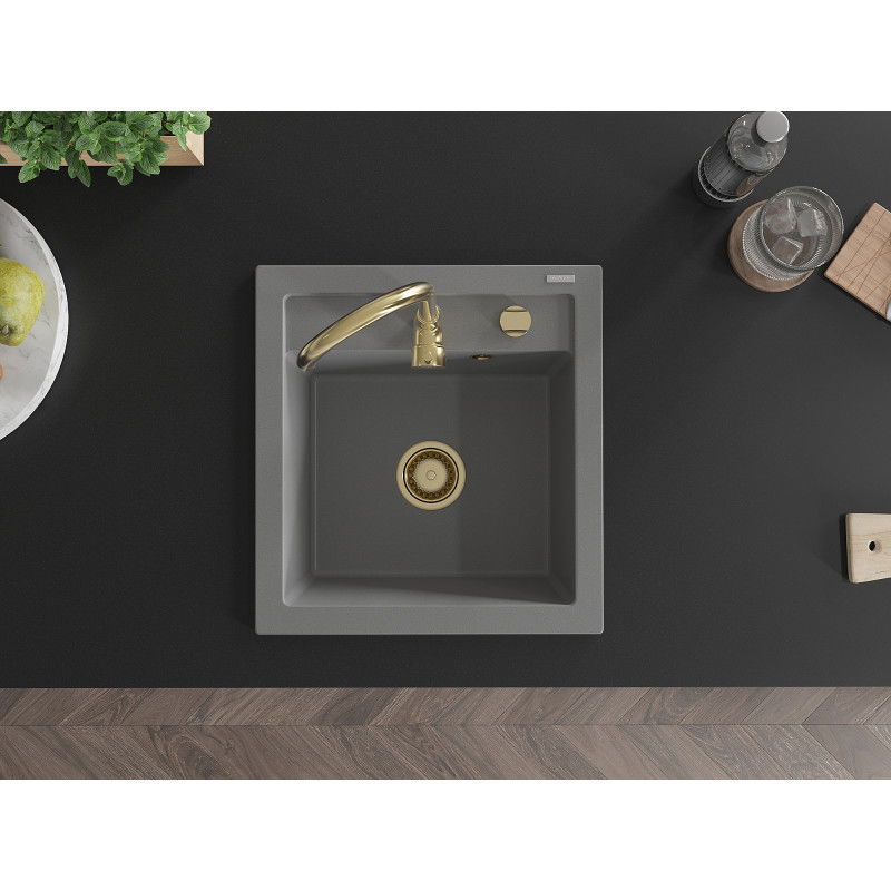 Mexen Vito granite sink 1-bowl 520 x 490 mm, grey, gold siphon - 6503521000-71-G