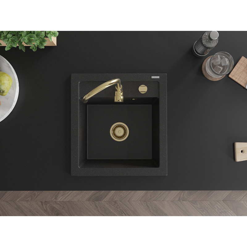 Mexen Vito 1-bowl granite sink 520 x 490 mm, black/silver metallic, gold siphon - 6503521000-73-G