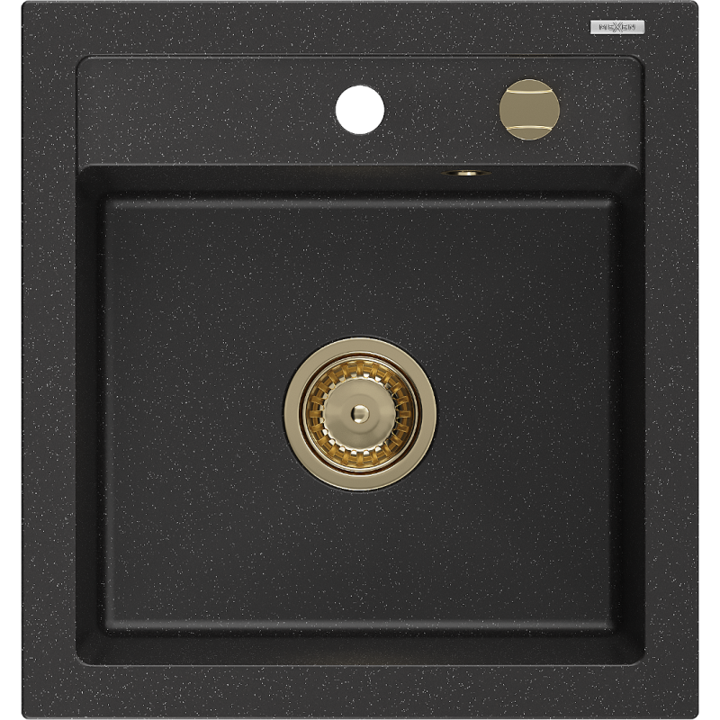 Mexen Vito 1-bowl granite sink 520 x 490 mm, black/silver metallic, gold siphon - 6503521000-73-G