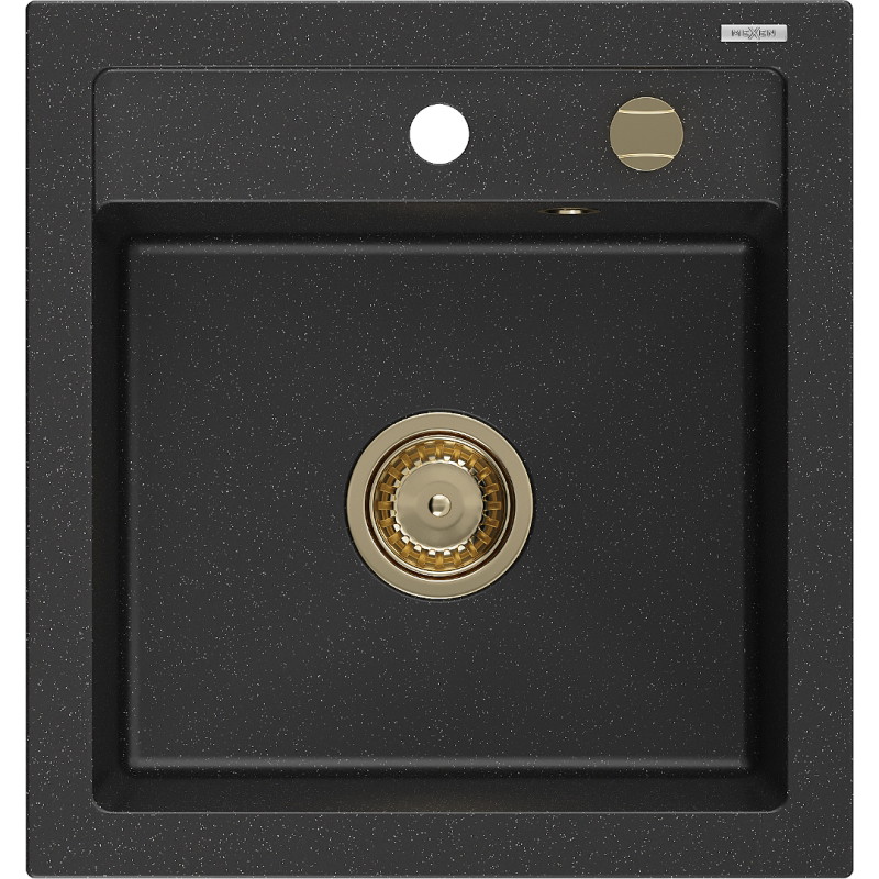 Mexen Vito 1-chamber granite sink 520 x 490 mm, black/silver metallic, gold siphon - 6503521000-73-G