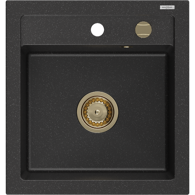 Mexen Vito granite sink 1-bowl 520 x 490 mm, black/silver metallic, gold siphon - 6503521000-73-G