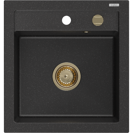 Mexen Vito 1-bowl granite sink 520 x 490 mm, black/silver metallic, gold siphon - 6503521000-73-G