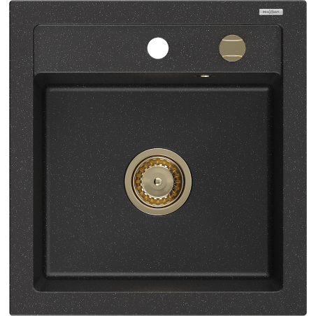 Mexen Vito granite sink 1-bowl 520 x 490 mm, black/silver metallic, gold siphon - 6503521000-73-G