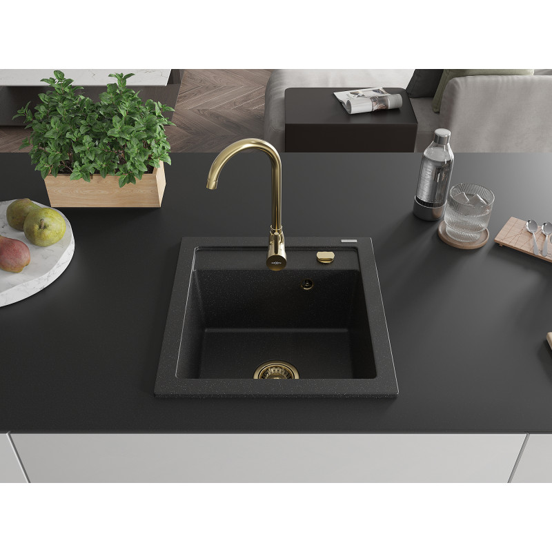 Mexen Vito 1-bowl granite sink 520 x 490 mm, black/silver metallic, gold siphon - 6503521000-73-G