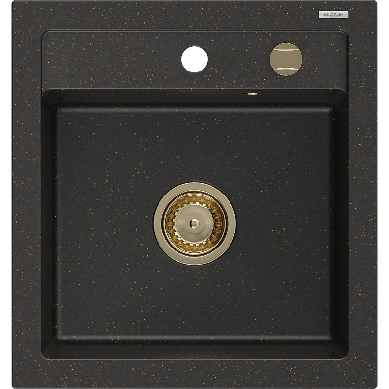 Mexen Vito granite sink, 1-bowl 520 x 490 mm, black/gold metallic, gold siphon - 6503521000-75-G