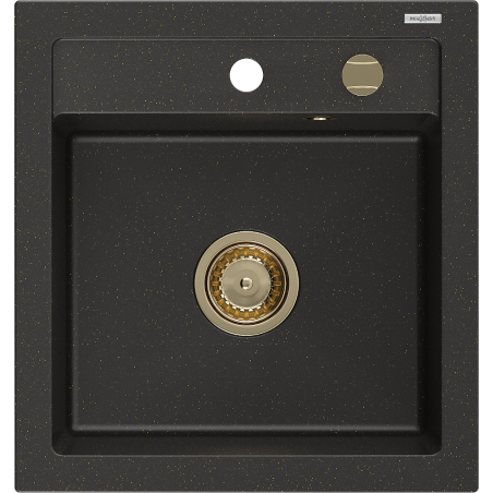 Mexen Vito granite sink, 1-bowl 520 x 490 mm, black/gold metallic, gold siphon - 6503521000-75-G