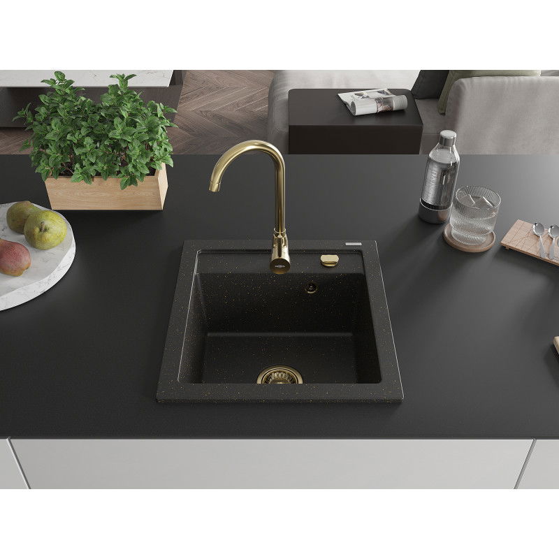 Mexen Vito granite sink, 1-bowl 520 x 490 mm, black/gold metallic, gold siphon - 6503521000-75-G