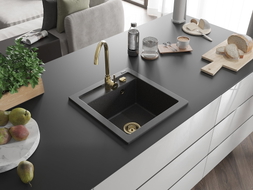 Mexen Vito granite sink 1-bowl 520 x 490 mm, black speckled, gold siphon - 6503521000-76-G