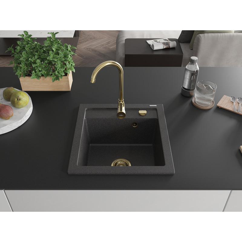 Mexen Vito granite sink 1-bowl 520 x 490 mm, black speckled, gold siphon - 6503521000-76-G
