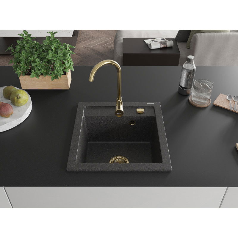 Mexen Vito granite sink single-bowl 520 x 490 mm, speckled black, gold siphon - 6503521000-76-G