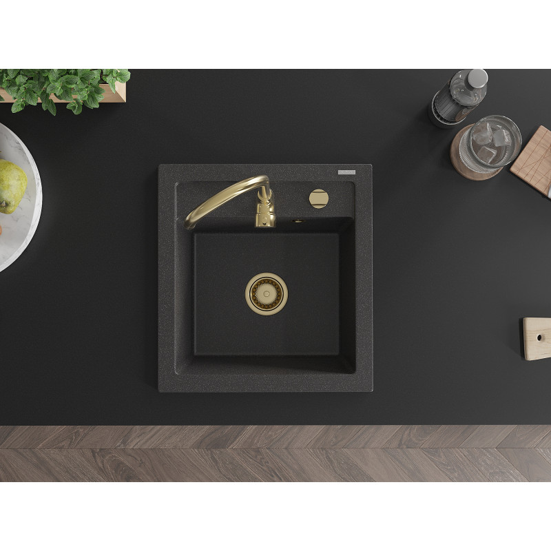 Mexen Vito granite sink 1-bowl 520 x 490 mm, black speckled, gold siphon - 6503521000-76-G