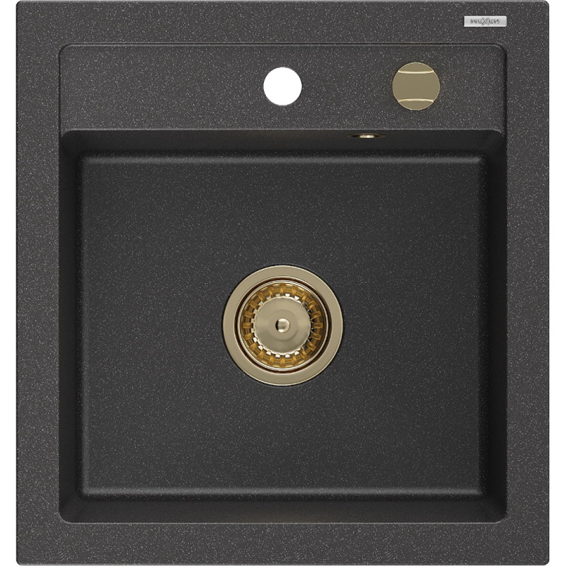 Mexen Vito 1-bowl granite sink 520 x 490 mm, black speckled, with gold siphon - 6503521000-76-G
