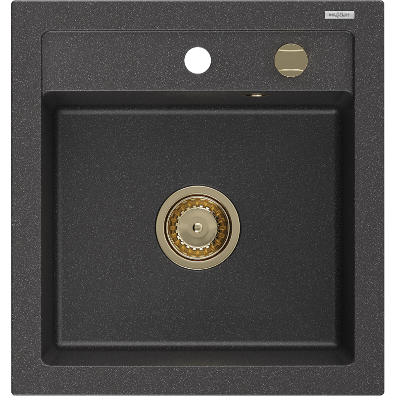 Mexen Vito granite sink 1-bowl 520 x 490 mm, black speckled, gold siphon - 6503521000-76-G