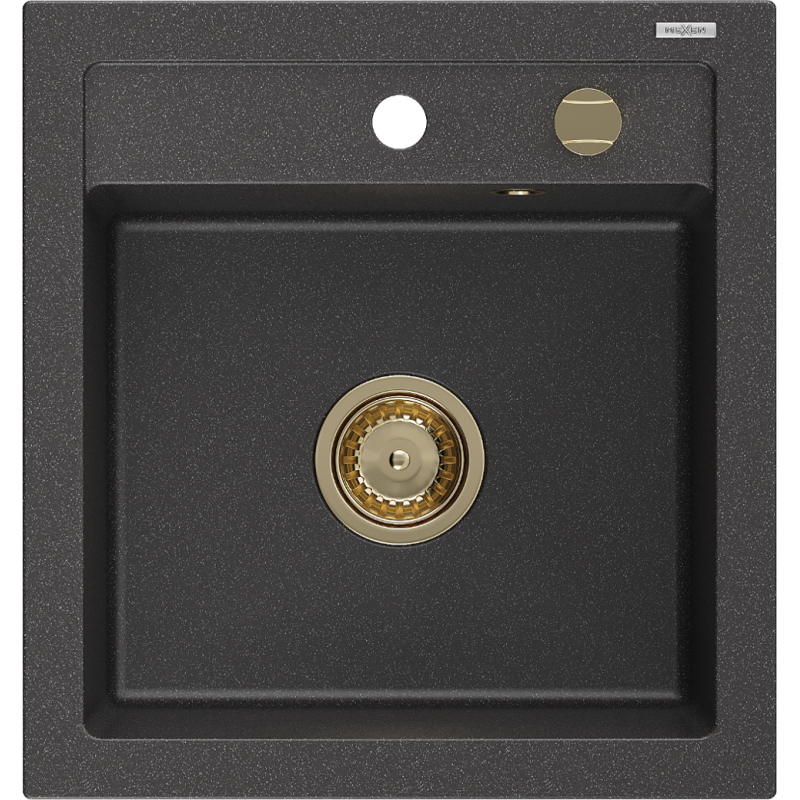 Mexen Vito granite sink single-bowl 520 x 490 mm, speckled black, gold siphon - 6503521000-76-G