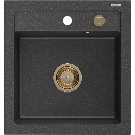 Mexen Vito granite sink 1-bowl 520 x 490 mm, black speckled, gold siphon - 6503521000-76-G