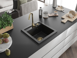 Mexen Vito granite kitchen sink single-bowl 520 x 490 mm, black, golden siphon - 6503521000-77-G