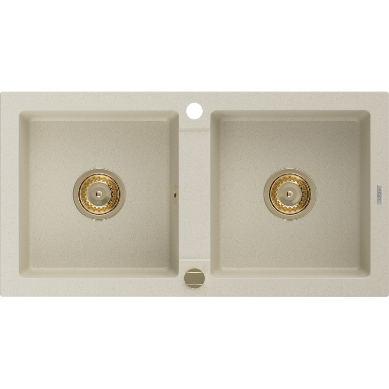 Mexen Mario 2-bowl granite kitchen sink 820 x 436 mm, beige, gold siphon - 6504822000-69-G