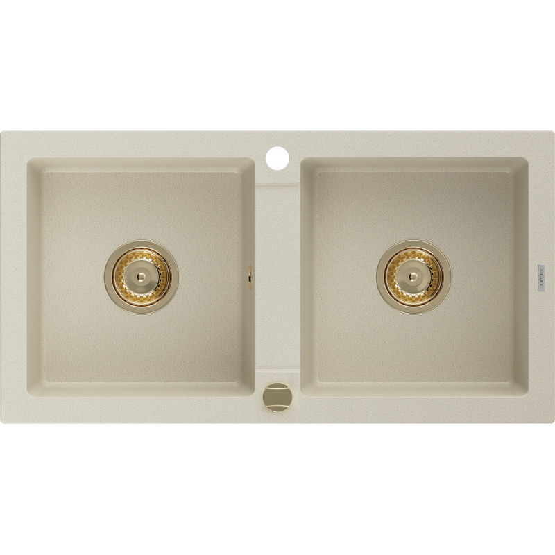 Mexen Mario 2-bowl granite sink 820 x 436 mm, beige, gold siphon - 6504822000-69-G