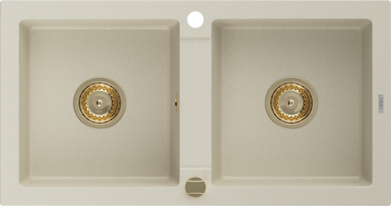 Mexen Mario 2-bowl granite kitchen sink 820 x 436 mm, beige, gold siphon - 6504822000-69-G