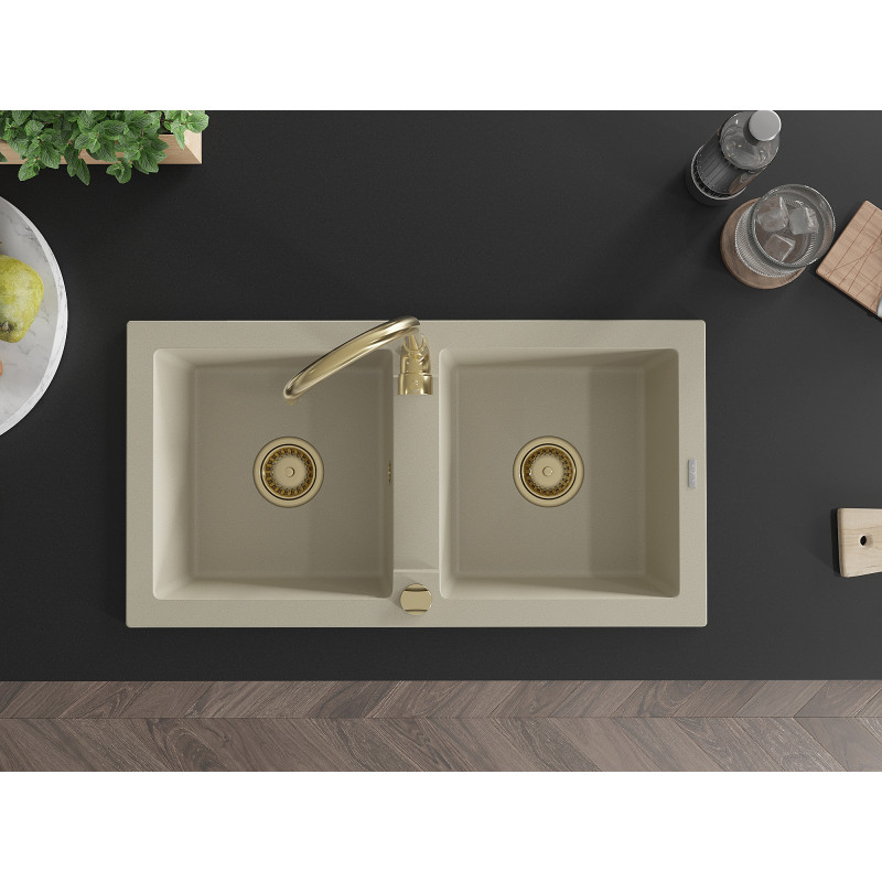 Mexen Mario 2-bowl granite kitchen sink 820 x 436 mm, beige, gold siphon - 6504822000-69-G
