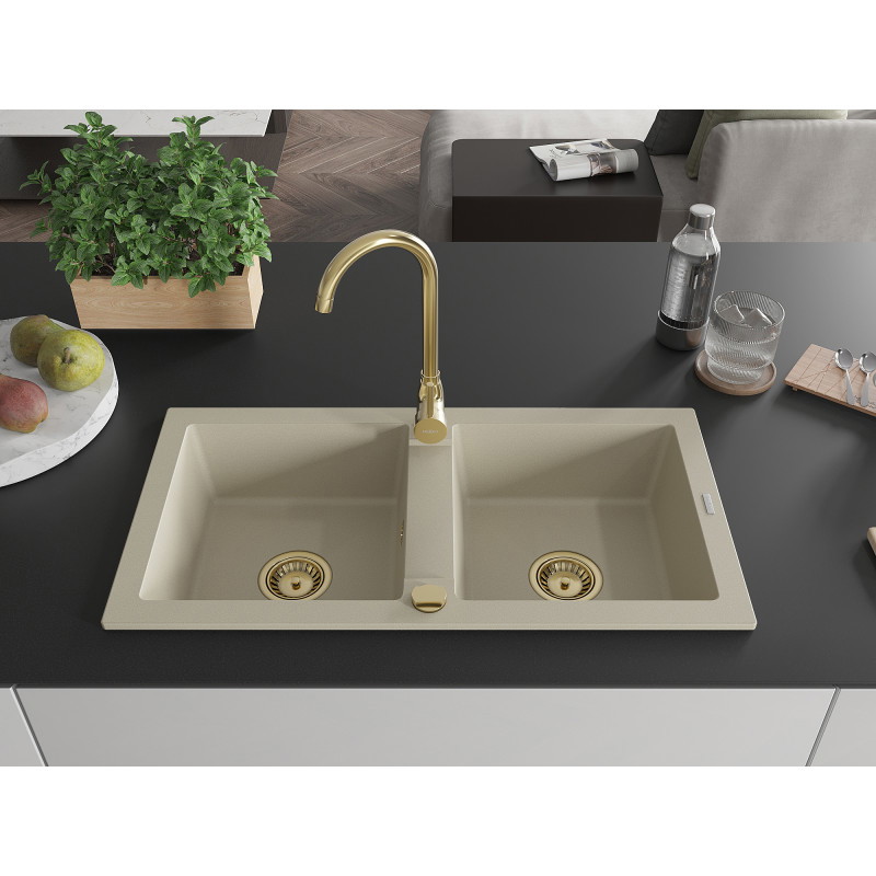 Mexen Mario 2-bowl granite kitchen sink 820 x 436 mm, beige, gold siphon - 6504822000-69-G