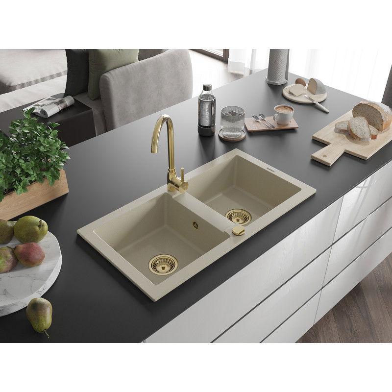 Mexen Mario granite sink 2-bowl 820 x 436 mm, beige, golden siphon - 6504822000-69-G