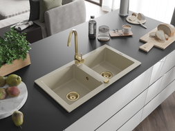 Mexen Mario 2-bowl granite kitchen sink 820 x 436 mm, beige, gold siphon - 6504822000-69-G