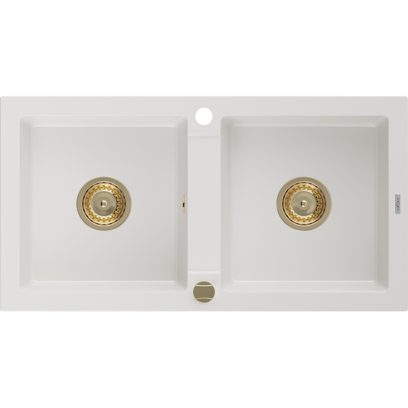 Mexen Mario granite sink 2-bowl 820 x 436 mm, white, gold siphon - 6504822000-20-G