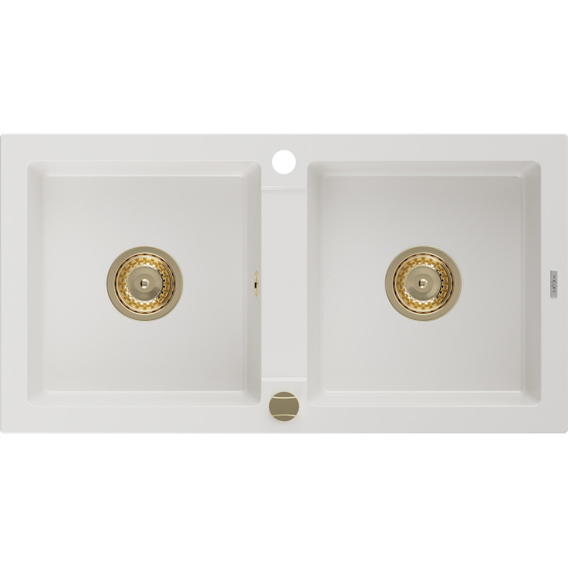 Mexen Mario granite sink 2-bowl 820 x 436 mm, white, golden siphon - 6504822000-20-G