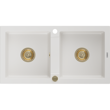 Mexen Mario granite sink 2-bowl 820 x 436 mm, white, gold siphon - 6504822000-20-G