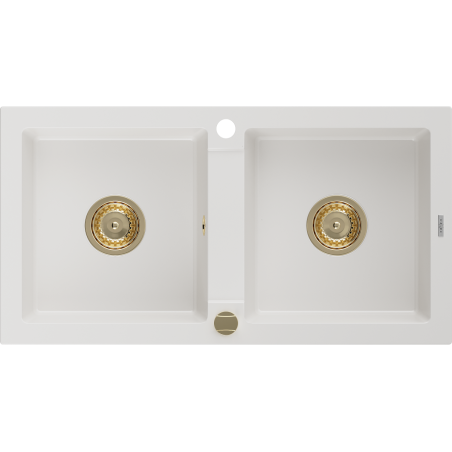 Mexen Mario granite sink 2-bowl 820 x 436 mm, white, golden siphon - 6504822000-20-G