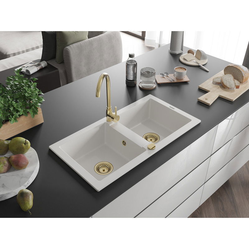 Mexen Mario granite sink 2-bowl 820 x 436 mm, white, gold siphon - 6504822000-20-G