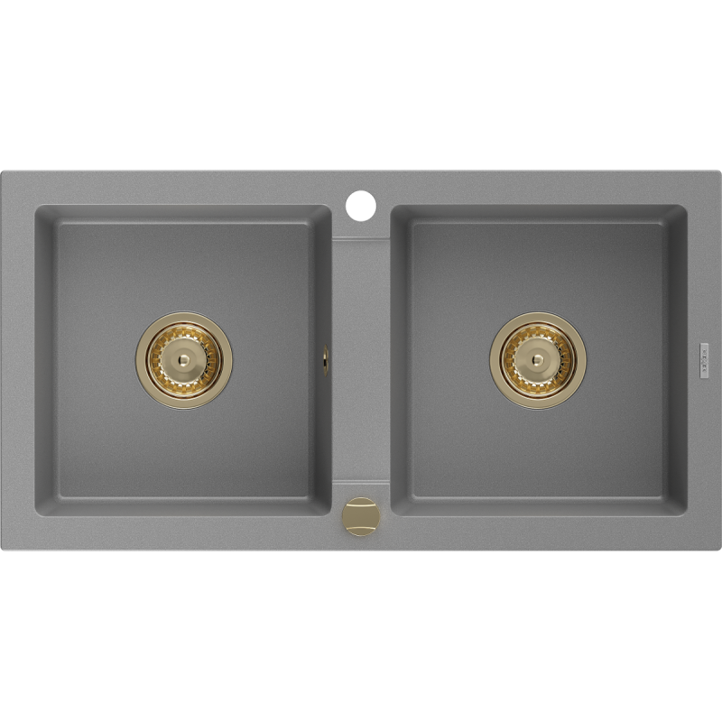 Mexen Mario granite kitchen sink, 2-bowl 820 x 436 mm, gray, golden siphon - 6504822000-71-G