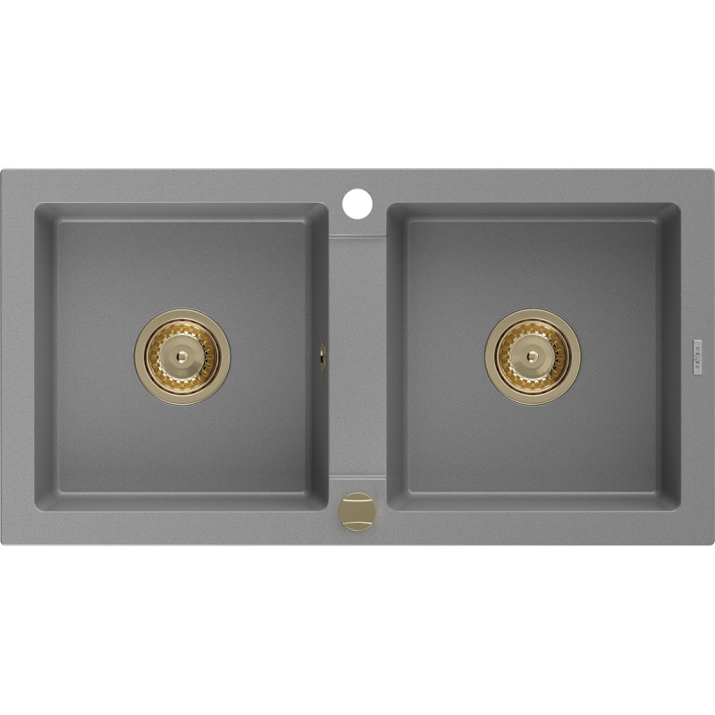 Mexen Mario granite kitchen sink, double bowl 820 x 436 mm, gray, gold siphon - 6504822000-71-G