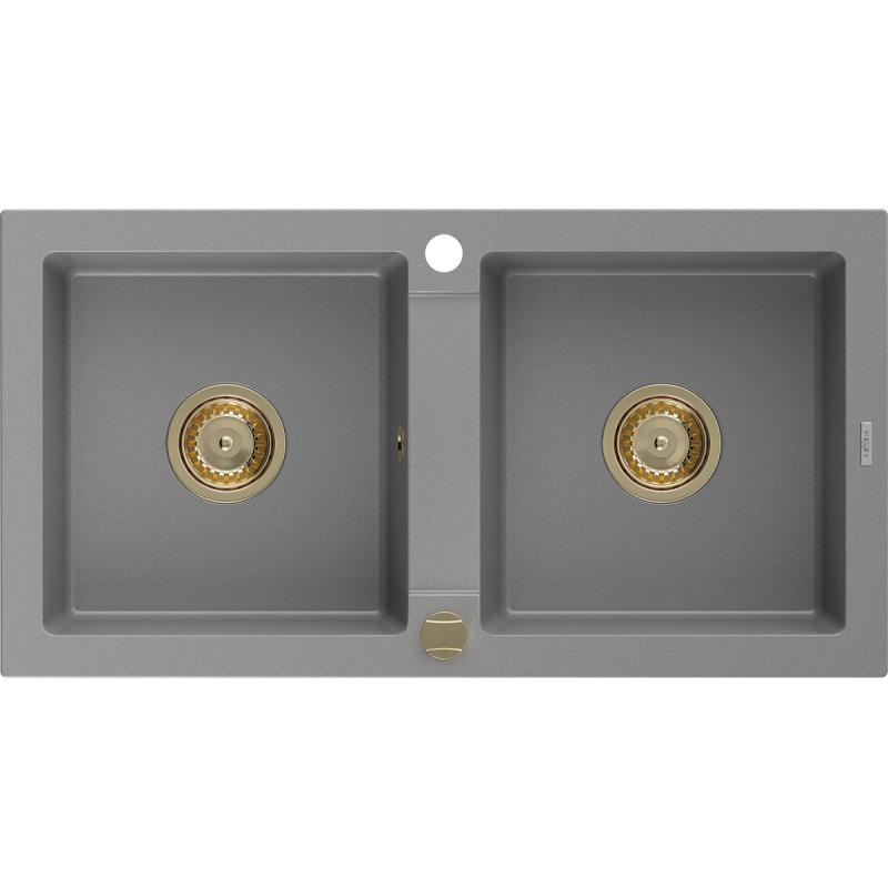 Mexen Mario granite sink 2-chamber 820 x 436 mm, grey, gold siphon - 6504822000-71-G