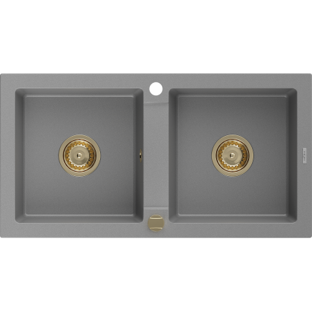 Mexen Mario granite kitchen sink, 2-bowl 820 x 436 mm, gray, golden siphon - 6504822000-71-G