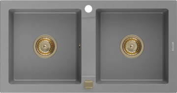 Mexen Mario granite kitchen sink, 2-bowl 820 x 436 mm, gray, golden siphon - 6504822000-71-G