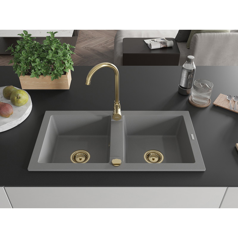 Mexen Mario granite kitchen sink, 2-bowl 820 x 436 mm, gray, golden siphon - 6504822000-71-G
