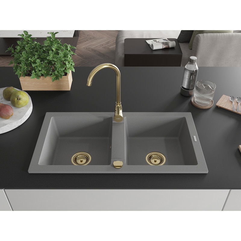 Mexen Mario granite sink 2-chamber 820 x 436 mm, grey, gold siphon - 6504822000-71-G
