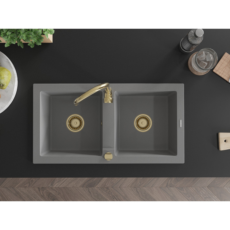 Mexen Mario granite kitchen sink, 2-bowl 820 x 436 mm, gray, golden siphon - 6504822000-71-G